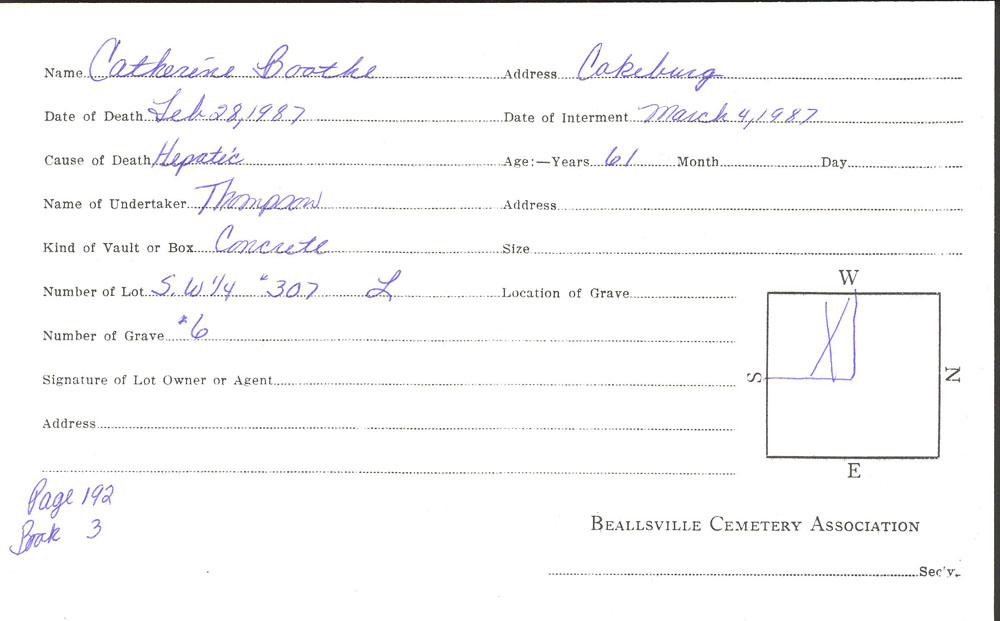 Catherine Boothe burial card